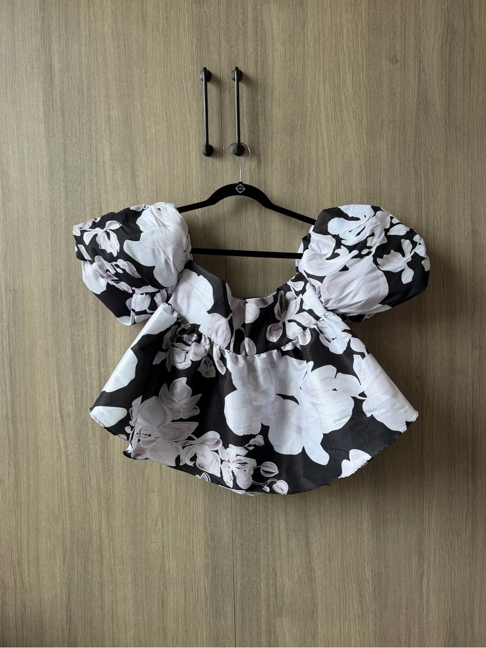 Kika Vargas Black and White Floral Puff-Sleeve Off the shoulder top